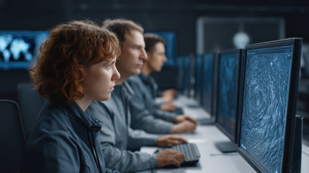 A group of focused experts analyze AI-generated data on multiple computer monitors in a state-of-the-art simulation environment, assessing potential threats and strategies.の素材