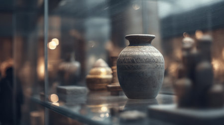 This captivating image showcases a close-up view of historical artifacts displayed behind glass, highlighting the beauty and craftsmanship of ancient pottery within a museum setting.の素材