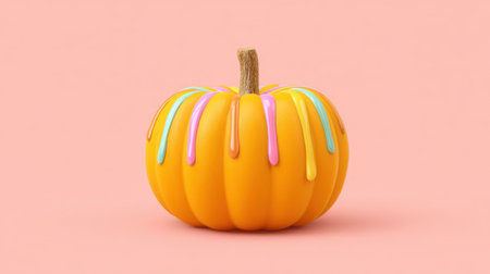 A stunning pumpkin adorned with colorful paint drips, set against a soft pink backdrop. Perfect for creative projects, seasonal themes, and vibrant decor.の素材