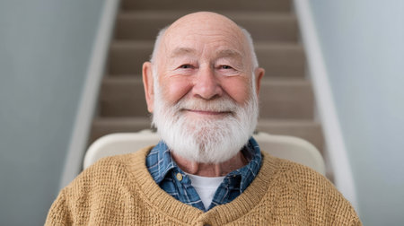 A cheerful senior man sits on a stairlift, smiling broadly. His warm and inviting presence radiates comfort, safety, and happiness in a home environment.の素材