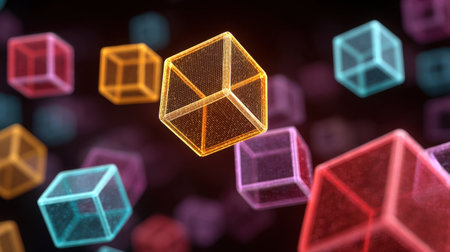 Explore a captivating digital visualization showcasing neon cubes interconnected in a dynamic 3D space, highlighting vibrant colors and illuminated patterns.の素材