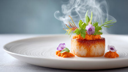 An exquisite gourmet dish beautifully presented on a white plate, featuring steam and vibrant floral decor, highlighting the art of culinary creativity and fresh ingredients.の素材