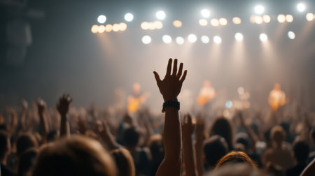 A dynamic crowd sways to the rhythm of an energetic performance, hands raised in enthusiasm, capturing the vibrant atmosphere of live music event.の素材
