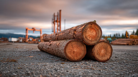 Neatly arranged logs in a logging area with industrial equipment in the background under a dramatic sky. A perfect representation of wood processing and forestry.の素材