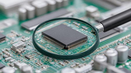 Explore the intricate details of an electronic circuit board magnified to reveal components, showcasing innovation and technology in modern electronics and analysis.の素材