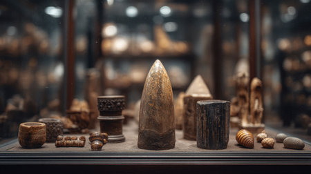 Explore a captivating display of historical artifacts behind glass, featuring unique shapes that reflect the rich cultural heritage and artistic craftsmanship of their time.の素材
