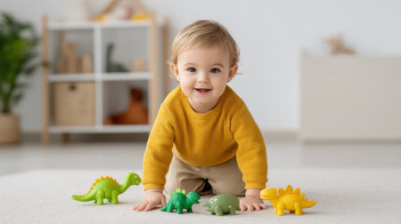 A joyful toddler explores colorful dinosaur toys in a bright playroom. The scene captures the essence of imaginative play and developmental growth, highlighting curiosity and engagement.の素材