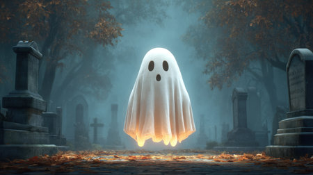 A haunting ghostly figure glows softly in a foggy autumn graveyard, surrounded by old tombstones and fallen leaves, creating a serene yet eerie atmosphere.の素材