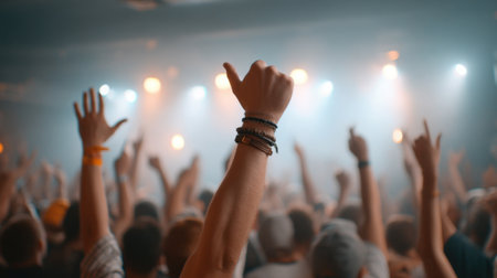 A vibrant crowd at a live concert sways to the rhythm while a rapper captivates the audience with dynamic performance, energy, and excitement in the air.の素材