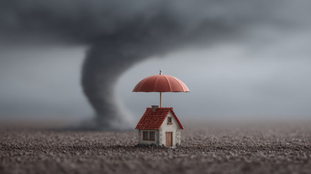 A miniature house is sheltered by a large umbrella, symbolizing protection against strong winds and tornadoes, illustrating the importance of safety in extreme weather.の素材