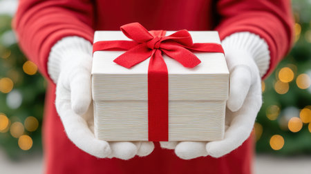 A cheerful individual in a red shirt and white gloves presents a neatly wrapped gift box adorned with a red ribbon, set against a soft bokeh of holiday lights.の素材