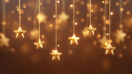 Beautiful glowing golden stars hang delicately against a soft brown background, creating a magical ambiance filled with dazzling lights, perfect for celebrations and festive decorations.の素材