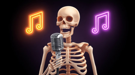 A lively illustration of a skeleton DJ performing with a microphone, surrounded by vibrant neon music notes, creating a fun and festive atmosphere for parties or Halloween events.の素材