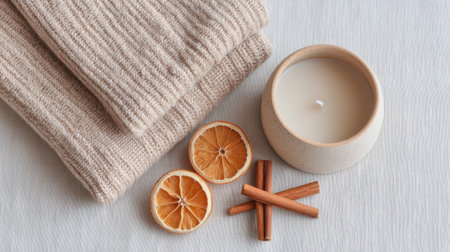 A serene flat lay scene featuring dried oranges, cinnamon, and cozy textiles, creating a warm and inviting atmosphere perfect for seasonal decor and relaxation.の素材