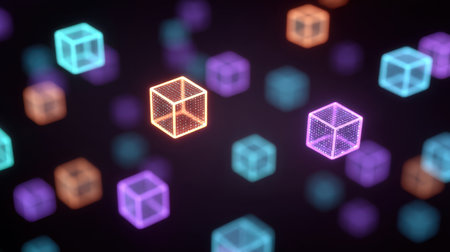 Explore a mesmerizing digital visualization featuring neon cubes floating in a dark space, symbolizing connection and technology with vibrant colors and immersive designs.の素材