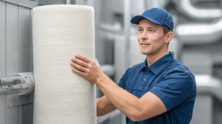 A professional HVAC worker is seen changing an air filter in a commercial setting, emphasizing the importance of regular maintenance for indoor air quality and system efficiency.の素材
