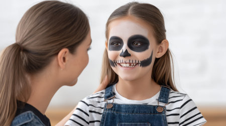 A young woman helps a girl get ready for a Halloween party, applying skull makeup in a sunny indoor space. The moment captures joy and creativity.の素材