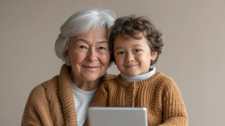 A grandmother and her young grandchild share a joyful moment over a tablet, showcasing the warmth of family connections and the joy of learning together.の素材