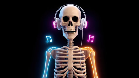 A vibrant neon skeleton wearing headphones, surrounded by musical notes, creates a fun and lively atmosphere against a dark background perfect for creative projects.の素材