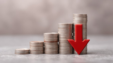 This image features stacks of coins alongside a prominent red downward arrow, symbolizing economic decline and financial loss in a market scenario.の素材