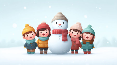 A charming winter scene featuring children dressed in colorful festive outfits joyfully playing with a friendly snowman amid gentle snowfall in a scenic landscape.の素材