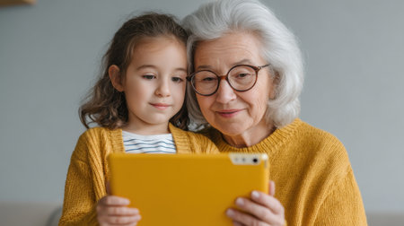 A touching scene of a grandmother and child sharing a joyful moment while watching a video on a tablet, embodying love, connection, and family bonds at home.の素材