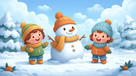 Two cheerful children in colorful winter outfits joyfully play in the snow, building a snowman amidst a beautiful winter landscape of fluffy snow and trees.の素材