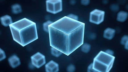 Explore a mesmerizing scene of floating neon cubes illuminated in dark space, showcasing a unique blend of 3D geometry and abstract art for modern digital aesthetics.の素材