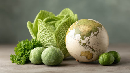 Explore the connection between fresh produce and global agriculture with a vibrant arrangement featuring cabbage, globe, and greens, symbolizing sustainability and health.の素材