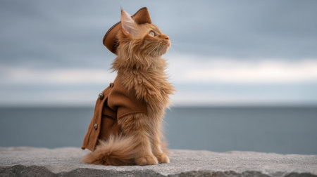 A charming cat dressed in a captain's outfit sits on a rocky shore, gazing at the ocean horizon under a moody sky, evoking a sense of adventure and whimsy.の素材