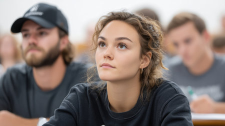 A focused young woman attentively listens in a classroom setting during a lecture, demonstrating her dedication to learning among fellow students.の素材