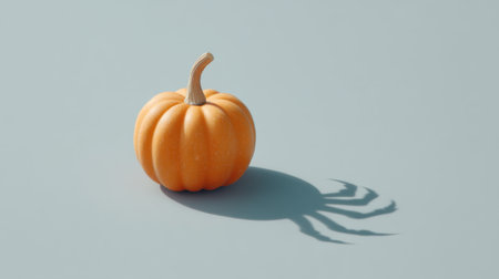 A captivating image of a small orange pumpkin casting a dramatic shadow on a soft blue background, evoking seasonal beauty and artistic flair for autumn-themed projects.の素材