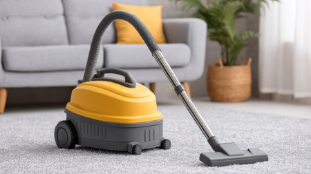 A bright yellow industrial carpet cleaner sits on a pristine gray carpet in a stylish modern living room, showcasing its efficient design for deep cleaning and home maintenance.の素材