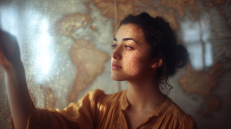 A young girl stands in soft light, exploring an antique map with curiosity. The vintage ambiance surrounds her, evoking a sense of adventure and imagination.の素材