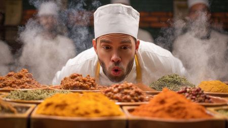 A chef expertly engages in a fiery chili tasting at a crowded cookoff, showcasing vibrant spices and flavors that excite culinary enthusiasts and food lovers alike.の素材