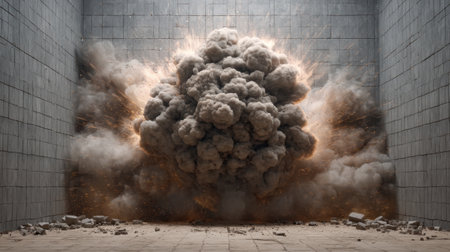 A powerful explosion demolishes a concrete wall, filling the scene with smoke and debris. This dramatic visual symbolizes raw power and destruction. Perfect for conveying intensity.の素材