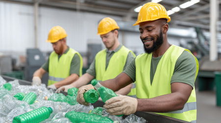 A scene showcasing dedicated workers sorting plastic bottles in a recycling facility. The team, wearing safety gear, illustrates a commitment to environmental sustainability and efficient waste management.の素材