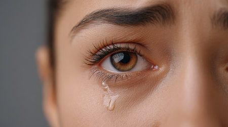 A striking close-up capturing the emotional depth of a person's face, with a tear rolling down their cheek, evoking raw feelings and vulnerability in a captivating manner.の素材