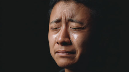A powerful portrait capturing a person with closed eyes illuminated by dramatic lighting, highlighting the emotional depth and intense feelings of grief and sorrow.の素材
