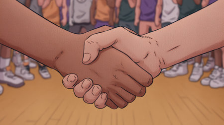 A powerful image depicting a handshake that symbolizes fairness and cooperation among diverse individuals in a sports context, celebrating unity and teamwork.の素材