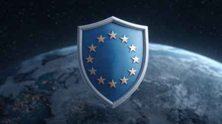 A stunning digital artwork features a protective shield icon with European stars hovering over Earth, symbolizing unity and security in a modern design context.の素材