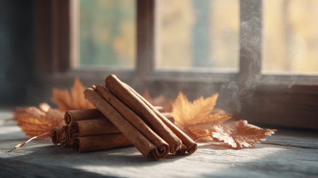 A serene and inviting scene featuring cinnamon sticks arranged on a rustic table, surrounded by autumn leaves, with soft light filtering through a nearby window, creating a cozy atmosphere.の素材
