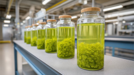 Explore the innovative cultivation of algae in sustainable, transparent tanks within a modern laboratory setting, highlighting eco-friendly research practices for future solutions.の素材