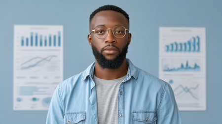 A focused professional man stands confidently in an office space among data analytics dashboards, highlighting trends and insights for effective sales strategies.の素材