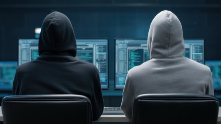 Two professionals examine AI generated threats in a dark environment, surrounded by computer screens, emphasizing the criticality of cybersecurity in modern technology.の素材
