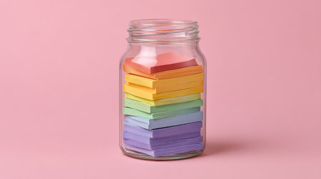 This image showcases a jar filled with vibrant sticky notes, symbolizing gratitude and positivity. The colorful notes create a cheerful atmosphere perfect for home or office decor.の素材