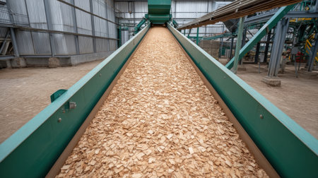 A conveyor belt efficiently transports wood chips in a large industrial facility, showcasing the innovative processing of agricultural waste into sustainable materials.の素材