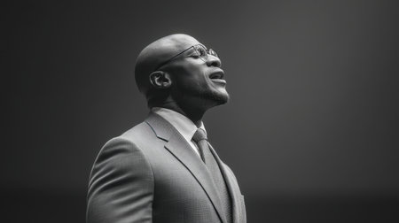 This striking black and white image captures a man delivering a heartfelt message with powerful expression and strong presence, embodying passion and inspiration.の素材