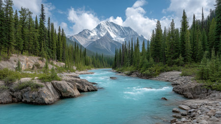 This stunning image captures a turquoise river gracefully winding through a rugged, rocky landscape, framed by lush green forests and towering mountains under a bright sky.の素材