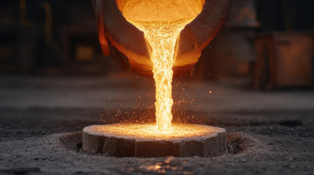 Experience the vibrant scene of molten metal pouring into a mold, accompanied by dynamic sparks and a stunning golden glow. Capture the essence of craftsmanship and industrial art.の素材